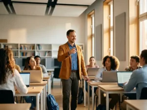 Zelfverzekerde leraar voor een moderne klas met studenten achter laptops, warm goudkleurig licht door grote ramen.