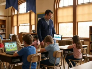 Leraar controleert netwerkmonitoringdashboard op tablet terwijl leerlingen achter houten schooltafels zitten in een zonnig klaslokaal.