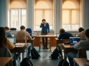 Overweldigde leraar voor een zonnig klaslokaal terwijl leerlingen verspreid op laptops en tablets werken, houten tafels, warm licht.