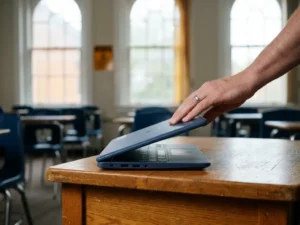 Leraar sluit schoollaptop op houten klaslokaalbureau, lege stoelen op de achtergrond in zacht natuurlijk licht.