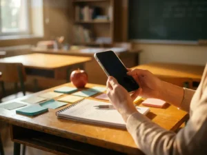 Leraarshanden houden smartphone boven houten bureau met kleurrijke sticky notes, notitieboek en rode appel in warm middaglicht.