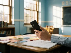 Leraarshand met smartphone boven klassenbureau met kleurrijke lesmateriaal, notitieboek en houten potloden in warm middaglicht.