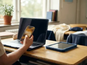 Leraar houdt smartphone naast open laptop op schoolbureau, met tablet van leerling en zacht natuurlijk licht op de achtergrond.