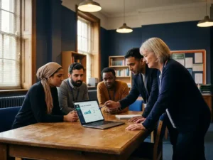 Diverse groep leraren rond een houten tafel in de lerarenkamer, één wijst naar een schoolveiligheids­dashboard op een laptop.