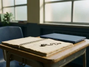 Open schoolschrift op een bureau naast laptop met klein hangslot op de pagina's, zacht klaslokaal licht, marineblauw en perkamenttinten.