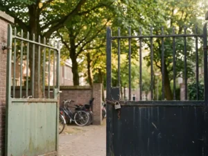 Twee ijzeren hekken in een Nederlandse buitenwijk: één open, één vergrendeld met een hangslot, in warm middaglicht.