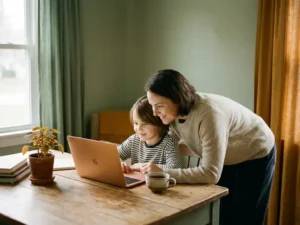 Ouder leunt over schouder van kind terwijl ze samen naar laptop kijken aan houten keukentafel, warm middaglicht.