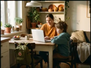 Ouder en jong kind aan keukentafel met open laptop en schooltas, warm middaglicht door raam.