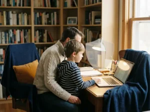 Ouder en kind samen aan een bureau thuis, zacht verlicht door een computerscherm, met warme houten tinten en boekenkasten op de achtergrond.