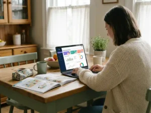 Ouder bekijkt kleurrijk leerlingvoortgangsdashboard op laptop aan keukentafel, schoolboek en etui op de voorgrond.