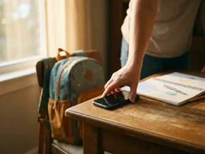 Ouderhand legt smartphone op keukentafel naast kleurrijk schooltas en schrift van kind, warm middaglicht.