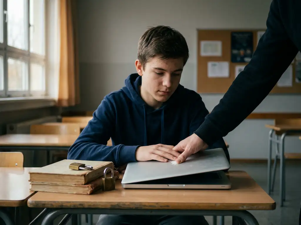 Volwassene sluit laptop van tiener op schoolbank, met symbolisch hangslot naast studieboeken in rustig klaslokaal.