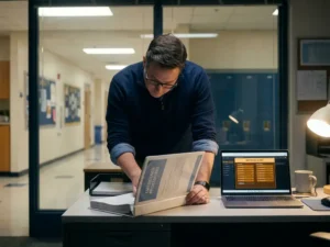 School-IT-beheerder bekijkt noodbinder aan bureau met laptop met netwerkwaarschuwingen, schoolgang zichtbaar op achtergrond.