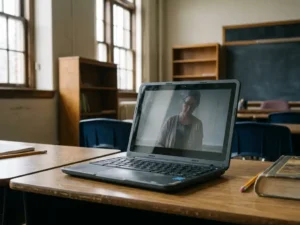 Halfgeopende schoollaptop op houten klaslokaalbureau met zachte natuurlijke belichting en vage reflectie van een leraar in het scherm.