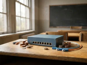 Schoolnetwerkrouter op een klaslokaalbureau omringd door gestapelde munten en glasvezelkabels, zacht natuurlijk licht.