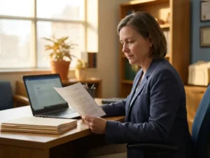 Schooladministrateur bekijkt uitgeprinte activiteitenrapportage aan opgeruimd bureau met laptop en mappen, warm middaglicht.