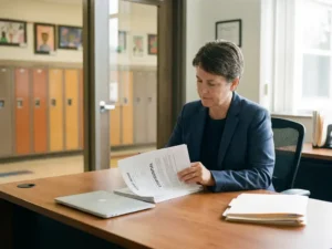 Schooladministrateur bekijkt incidentdocumentatie aan houten bureau met gesloten laptop en officiële mappen, gang zichtbaar op achtergrond.