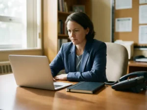 Schooladministrateur bekijkt aandachtig een laptopscherm aan een houten bureau met notitieboek en vaste telefoon bij natuurlijk licht.