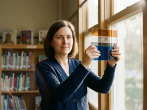 Schoolbibliothecaresse houdt transparant filter omhoog naar daglicht, rijen kleurrijke kinderboeken zacht onscherp op de achtergrond.