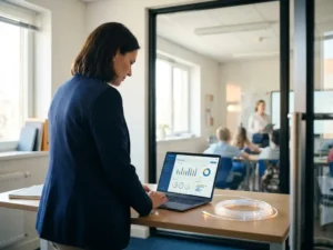Schooldirecteur bekijkt dashboard op laptop aan opgeruimd bureau, met glaswand naar verlicht klaslokaal op de achtergrond.