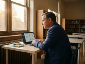 Schooldirecteur bekijkt beveiligd netwerkdashboard op laptop aan bureau, met glasvezelkabel en middaglicht door klaslokaalraam.