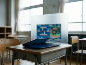 Halfgesloten laptop op houten schoolbank met doorschijnende barrière tussen scherm en spelinterface, zachte daglichtinval.