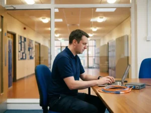 Schoolnetwerkbeheerder configureert laptop aan bureau met glasvezelkabel, middelbare schoolgang zichtbaar op achtergrond.