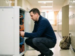IT-coördinator die naast een serverrack in een schoolgang hurkt, met netjes gebundelde glasvezelkabels en kluisjes op de achtergrond.