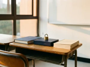 Netwerkrouter met hangslot op schoolbank naast gesloten leerboek en notitieboeken, warm daglicht vanuit klaslokaalraam.