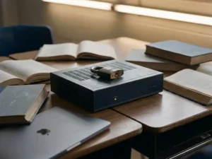 Netwerkrouter met hangslot op schoolbureau, omringd door studieboeken en een dichtgeklapte laptop in een klaslokaal.