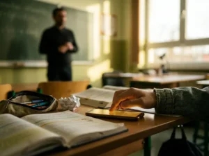 Tienershand reikt naar gloeiende smartphone op schoolbank, met onscherpe leraar en open leerboeken op de achtergrond.