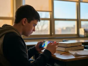 Afgeleid student staart naar fel verlicht gamescherm in de klas, ongebruikte schoolboeken en potlood op houten bureau.