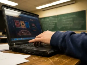 Leerlinghand boven schoollaptop met reflectie van goksite op scherm, klaslokaal op de achtergrond.