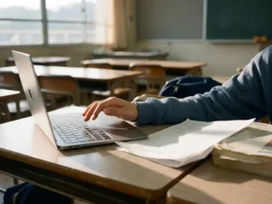 Hand van een leerling die aarzelend boven een laptoptoetsenbord hangt op een schoolbureau, verkreukeld werkblad opzijgeschoven.