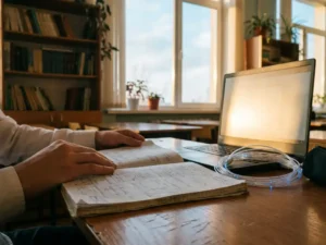 Handen van een leerling op een open notitieboek naast een laptop op een houten schoolbureau, met een glasvezelkabel en warme klaslokaalverlichting.