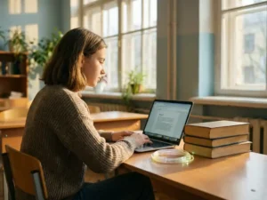 Leerling achter een houten schoolbureau met open laptop en glasvezelkabel naast studieboeken, warm klaslokaal met gouden licht.