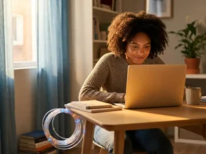Jonge student die geconcentreerd naar een gloeiend laptopscherm leunt aan een opgeruimd bureau, met zacht middagslicht en een glasvezelkabel naast het bureau.