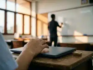 Leerling houdt hand boven gesloten laptop met klein hangslot op bureau, leraar voor whiteboard op de achtergrond.