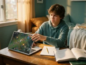 Jonge student sluit reluctant laptop met kleurrijk spel aan houten bureau, omringd door schoolboeken in warm middaglicht.