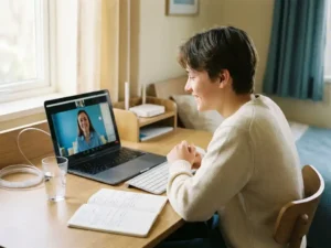 Student aan houten bureau op videogesprek met leraar via laptop, daglicht door raam, notitieboek en glas water naast toetsenbord.