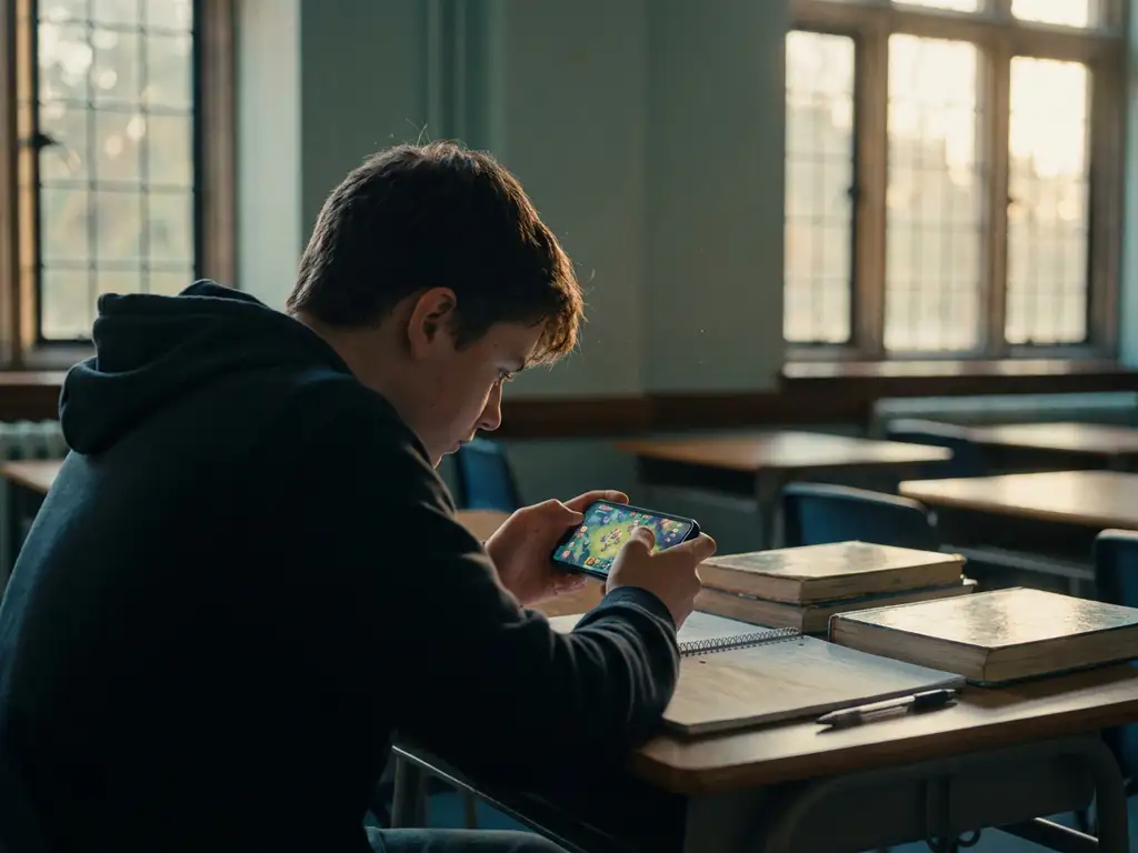 Tiener leunt over schoolbank en speelt mobiel spel op smartphone, ongebruikte studieboeken en pen ernaast.