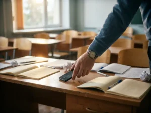 Leraar legt smartphone met scherm naar beneden op schoolbank, omringd door notitieboeken en pennen, wazige klaslokaal op achtergrond.