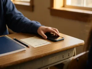 Leraar legt smartphone met scherm naar beneden op houten schoolbank, naast notitieboek, potlood en gedrukte gedragsregels.