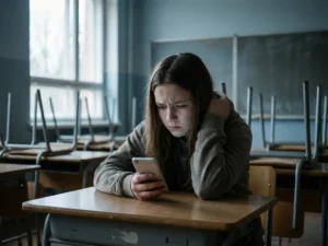 Tienermeisje zit alleen in klaslokaal gebogen over smartphone, gespannen houding en bezorgde blik, omringd door lege stoelen.