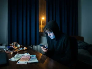 Tiener gebogen over smartphone in donkere slaapkamer, gezicht verlicht door blauw schermgloed, verfrommelde eurobiljetten en snackwikkels op bureau.
