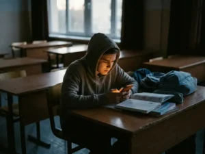Tiener met bezorgde uitdrukking gebogen over smartphone op schoolbank, schoolboeken opzijgeschoven, sfeervol amberkleurig licht.