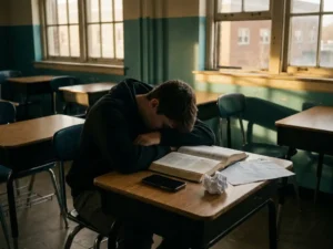 Tiener slaapt op schoolbank naast omgekeerde smartphone en verwaarloosd leerboek in verlaten klaslokaal met middaglicht.