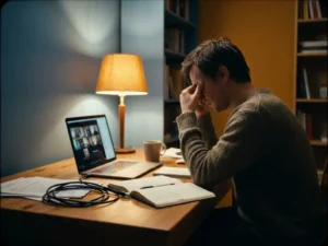 Vermoeide leraar aan rommelig bureau met laptop waarop videogesprek met leerlingen zichtbaar is, omringd door lesmateriaal in warm amberkleurig licht.