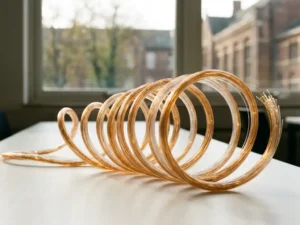 Glasvezelkabel opgerold in negen toenemende lussen op wit bureau, symboliseert groei, met zachte amberkleurige verlichting.